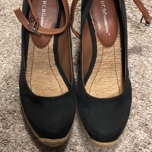 BCBG size 8.5 navy espadrilles with brown strap.